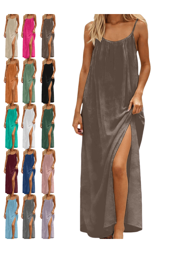 Linen Dress Women Spaghetti Straps Flowy Maxi Backless Dresses Lightweight Side Slit Back Drawstring Beach Sundresses Summer Cover Up Boho Clothes L