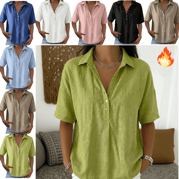 Mifsaly Linen Henley Shirts for Women Short Sleeve V Neck Button Down Blouses Collared Casual Loose Summer Tops Comfortable Lightweight Office Work Outfits L
