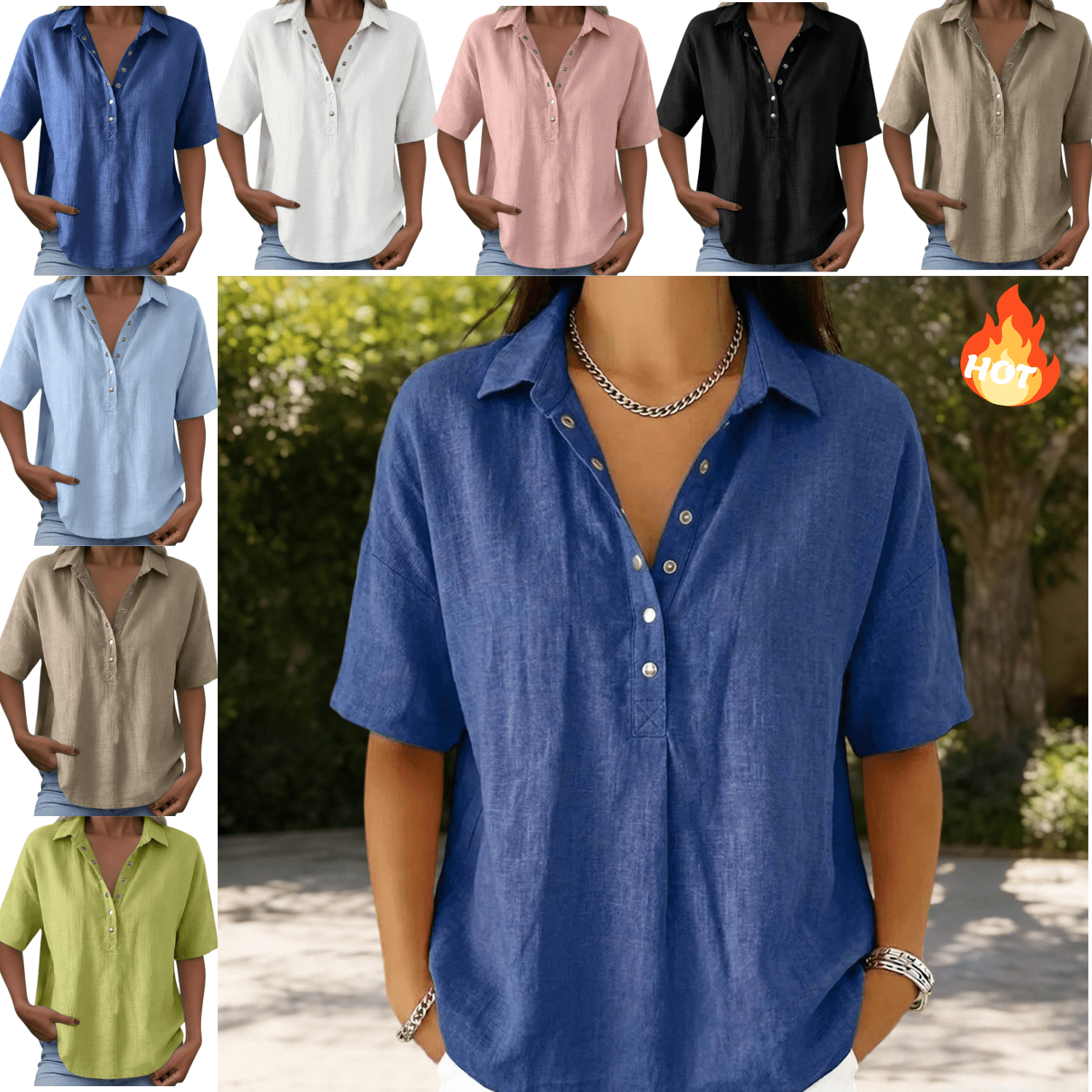 Mifsaly Linen Henley Shirts for Women Short Sleeve V Neck Button Down ...