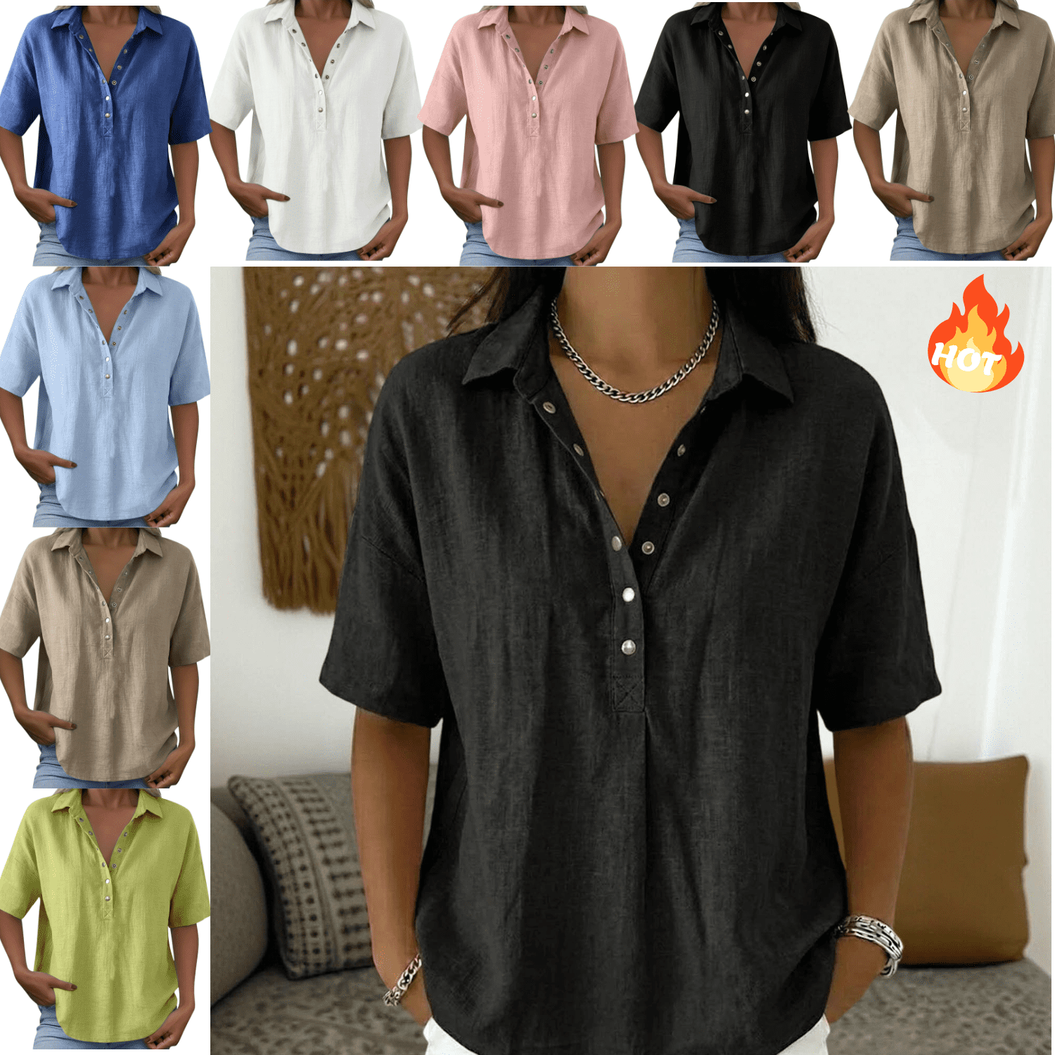 Mifsaly Linen Henley Shirts for Women Short Sleeve V Neck Button Down ...