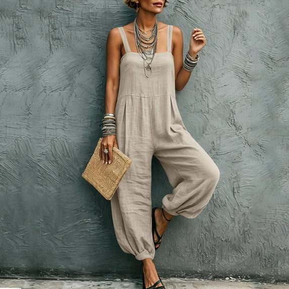 Mifsaly Linen Jumpsuits for Women Sleeveless Square Neck Wide Leg Jumpsuit Casual Summer Vacation Loose Boho Harem Pants with Pockets Beige,S