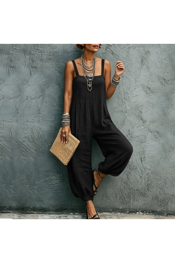 Linen Jumpsuits for Women Sleeveless Square Neck Wide Leg Jumpsuit Casual Summer Vacation Loose Boho Harem Pants with Pockets Black,S