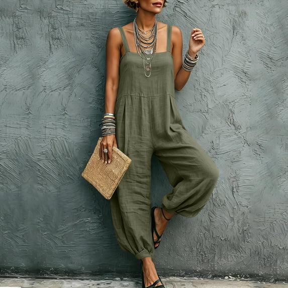 Mifsaly Linen Jumpsuits for Women Sleeveless Square Neck Wide Leg Jumpsuit Casual Summer Vacation Loose Boho Harem Pants with Pockets Green,M