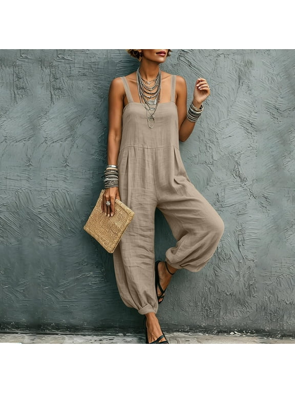 Linen Jumpsuits for Women Sleeveless Square Neck Wide Leg Jumpsuit Casual Summer Vacation Loose Boho Harem Pants with Pockets Khaki,S