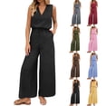thumbnail image 1 of Mifsaly Linen Jumpsuits for Women V Neck Sleeveless Wide Leg Jumpsuit with Pockets Drawstring Waist Summer Casual One Piece Rompers L, 1 of 9