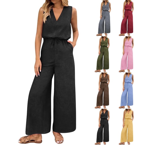 Mifsaly Linen Jumpsuits for Women V Neck Sleeveless Wide Leg Jumpsuit with Pockets Drawstring Waist Summer Casual One Piece Rompers L