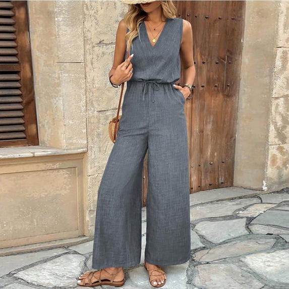 Mifsaly Linen Jumpsuits for Women V Neck Sleeveless Wide Leg Jumpsuit with Pockets Drawstring Waist Summer Casual One Piece Rompers XL