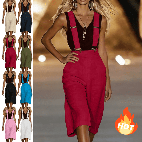 Mifsaly Linen Overalls for Women Loose Fit Wide Leg Suspenders Jumpsuit Knee Length Summer Casual Pants Adjustable Straps Elegant Office Work Overall 2026 XL