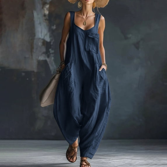 Mifsaly Linen Overalls for Women Sleeveless Wide Leg Oversized Harem Jumpsuits Lightweight Loose Casual Summer Boho One Piece Outfits with Pockets Navy,M
