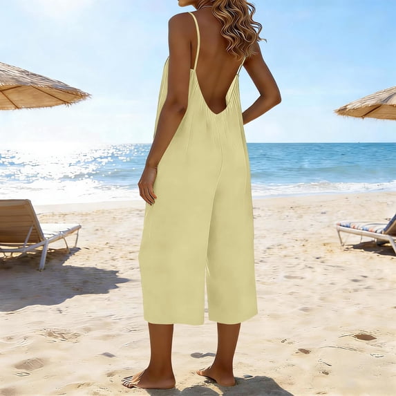 Mifsaly Linen Overalls for Women Spaghetti Straps Backless Summer Jumpsuit Beach Vacation Casual Wide Leg Jumpsuits with Pockets XXL