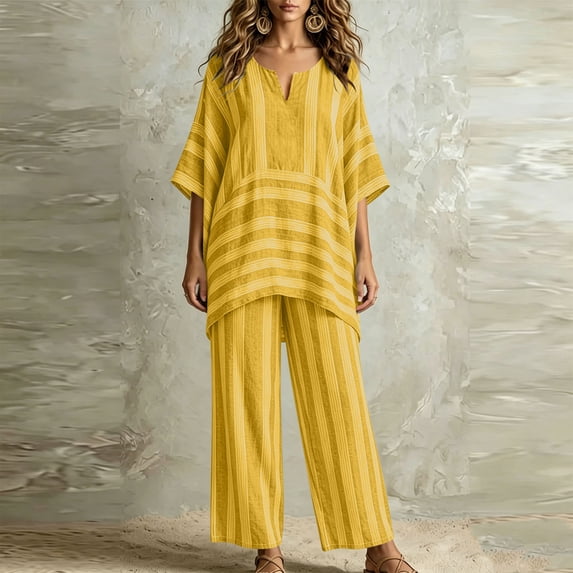 Mifsaly Linen Pant Sets Women 2 Piece Outfits Oversized Striped Tunic Top and Relaxed Fit Wide Leg Pant Lightweight Breathable Summer Vacation Matchinglounge Clothes Yellow,XXL
