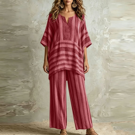 Mifsaly Linen Pant Sets Women 2 Piece Outfits Oversized Striped Tunic Top and Relaxed Fit Wide Leg Pant Lightweight Breathable Summer Vacation Matchinglounge Clothes Red,XXL