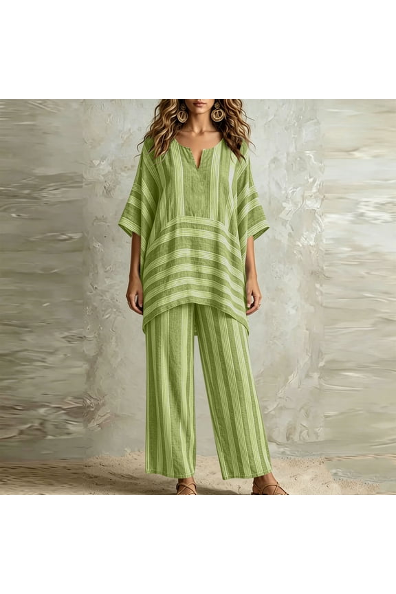 Linen Pant Sets Women 2 Piece Outfits Oversized Striped Tunic Top and Relaxed Fit Wide Leg Pant Lightweight Breathable Summer Vacation Matchinglounge Clothes Green,XXL