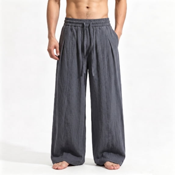 Mifsaly Linen Pants for Men Loose Fit Elastic Waist Drawstring Long Trousers Casual Lightweight Summer Beach Pants with Pockets Dark Gray,M