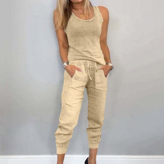 Mifsaly Linen Set Women Lightweight Summer 2 Piece Dressy Casual Sleeveless Tank Top and Jogger Capri Pants Comfortable Loungewear 2026 Fashion Vacation Matching Outfit L