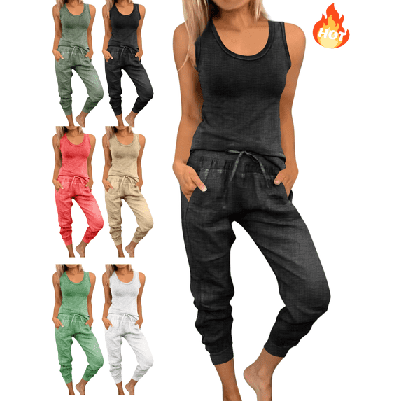 Mifsaly Linen Set Women Lightweight Summer 2 Piece Dressy Casual Sleeveless Tank Top and Jogger Capri Pants Comfortable Loungewear 2026 Fashion Vacation Matching Outfit XXXL