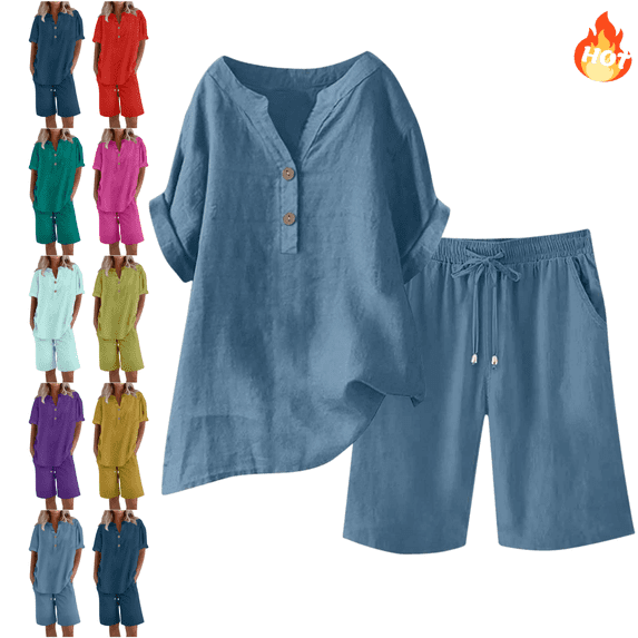 Mifsaly Linen Set Women Two Piece Summer Sets Plus Size Vacation Lounge Matching Outfits V-Neck Short Sleeve Tops & Wide Leg Shorts with Pockets XXXXXL