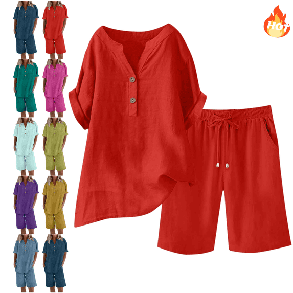 Mifsaly Linen Set Women Two Piece Summer Sets Plus Size Vacation Lounge Matching Outfits V-Neck Short Sleeve Tops & Wide Leg Shorts with Pockets XXXL