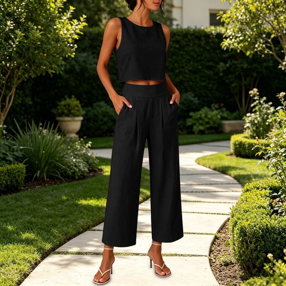 Mifsaly Linen Sets for Women 2 Piece Summer Casual Sleeveless Crop Top and High Waisted Wide Leg Long Pants Dressy Casual Office Vacation Matching Lounge Outfits Black,S