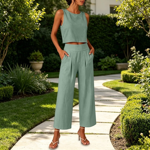 Mifsaly Linen Sets for Women 2 Piece Summer Casual Sleeveless Crop Top and High Waisted Wide Leg Long Pants Dressy Casual Office Vacation Matching Lounge Outfits Mint Green,M