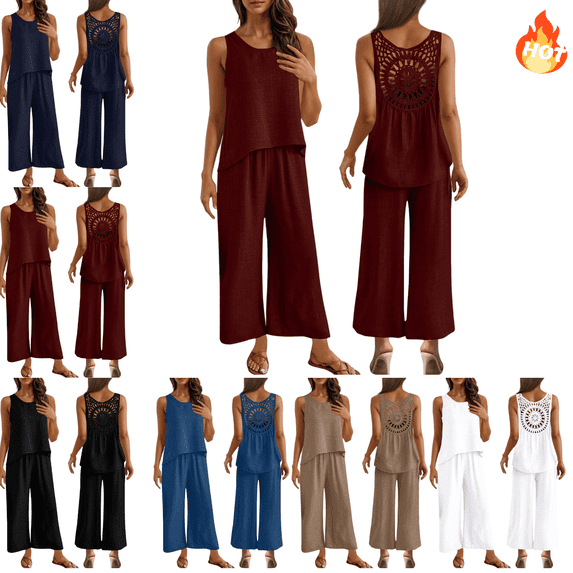 Mifsaly Linen Sets for Women 2 Piece Summer Sleeveless Top Hollow-Out Back Tank Tops Lightweight Wide Leg Pants Casual Loose Matching Outfit Beach Vacation L