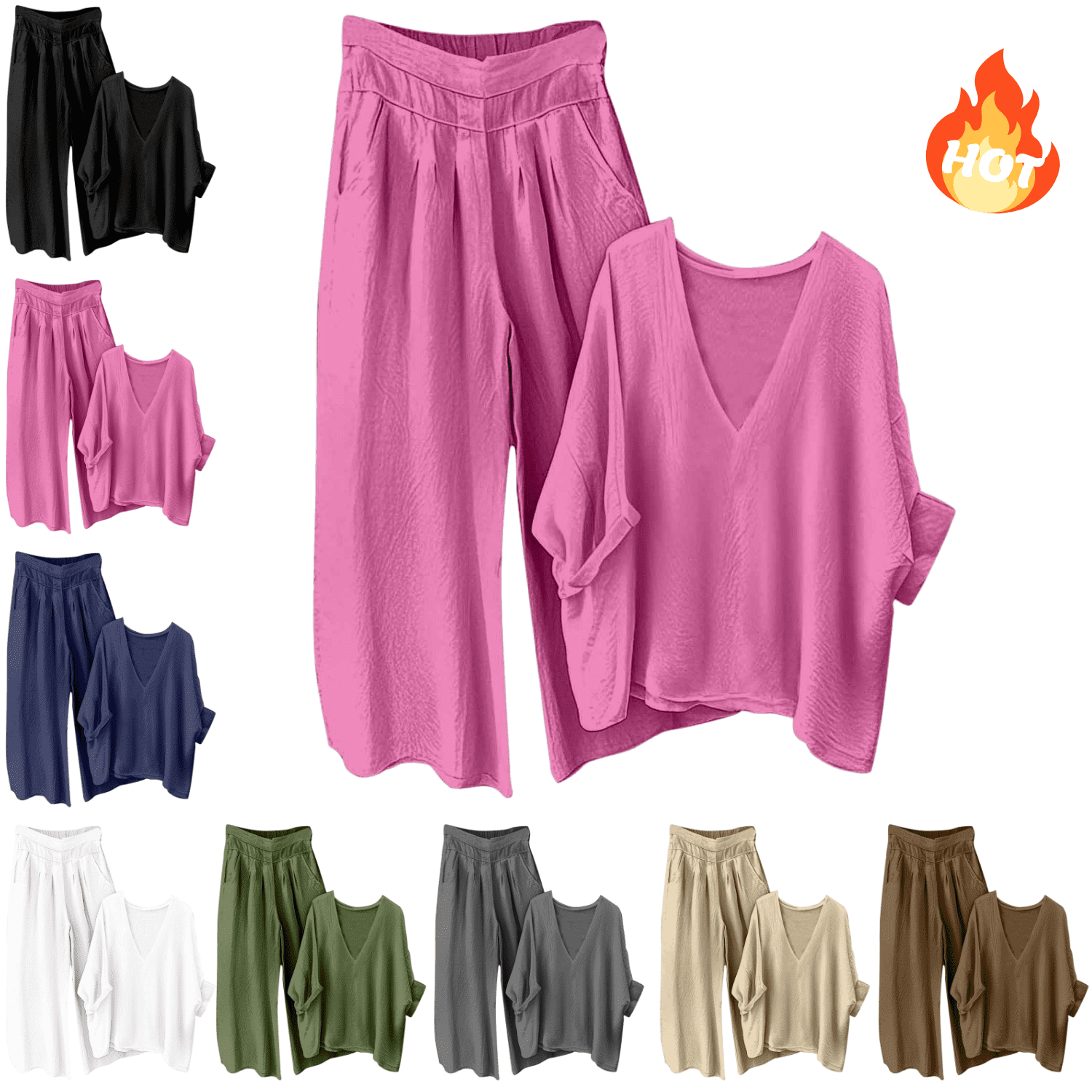 Mifsaly Linen Sets for Women 2 Piece V-Neck Oversized Top and Wide Leg ...