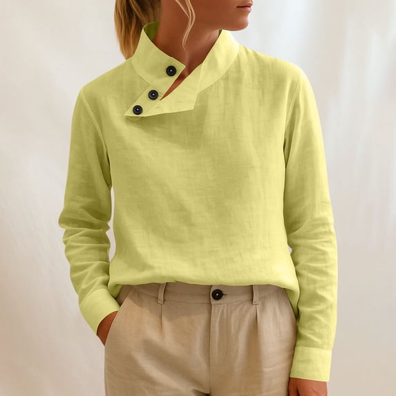 Mifsaly Linen Shirts for Women Stand Collar Long Sleeve Shirt Asymmetric Buttons Lightweight Comfortable Tops Dressy Casual Office Work Blouses L