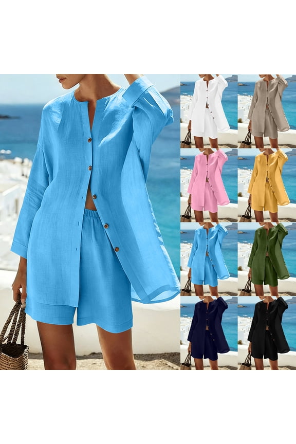 Linen Short Sets for Women Oversized Long Sleeve Button Up Shirts and Shorts Lightweight Flowy Casual Summer Vacation Matching Lounge Outfits Sky Blue,L