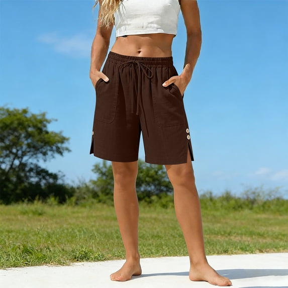Mifsaly Linen Shorts for Women Elastic Waist Drawstring Beach Shorts with Pockets Side Button Split Lightweight Loose Fit Lounge Shorts Pants S