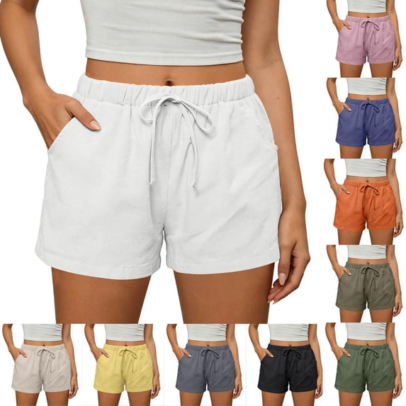 Mifsaly Linen Shorts for Women Elastic Waist Drawstring Lounge Shorts with Pockets Soft Lightweight Summer Beach Vacation Clothes White,XL