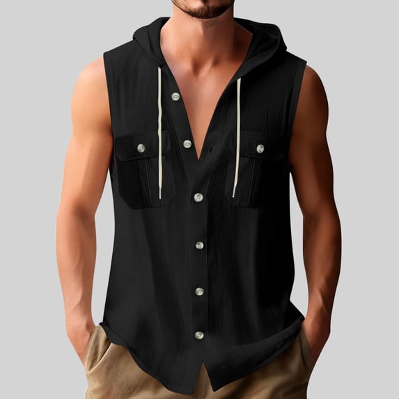 Mifsaly Linen Sleeveless Hoodie Men Button up Hooded Shirts Drawstring Lightweight Travel Vacation Summer Beach Tops with Pockets M