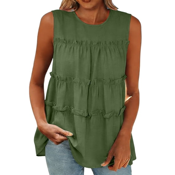 Mifsaly Linen Tank Tops for Women Tiered Ruffle Tunic Sleeveless Shirts Lightweight Elegant Boho Vacation Summer Pleated Tees Army Green,L