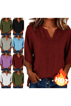 Linen Tops for Women Summer Split V Neck Short Sleeve Blouses Comfortable Elegant Loose Fit Textured Work Office Summer Clothes Wine,M