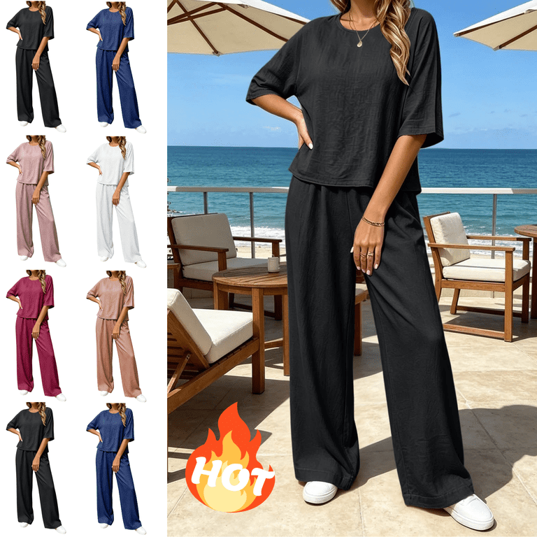 Mifsaly Linen Two Piece Set Women Oversized Short Sleeve T-Shirt
