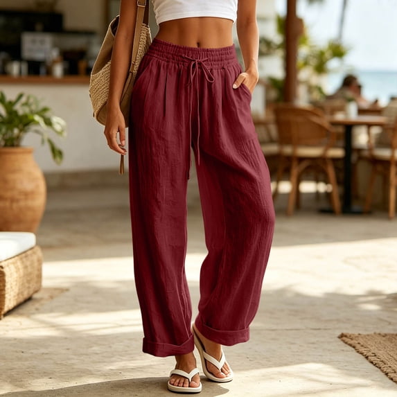 Mifsaly Linen Wide Leg Pants for Women High Waisted Drawstring Palazzo Trousers Lightweight Breathable Flowy Casual Summer Beach Clothes with Pockets Wine,S