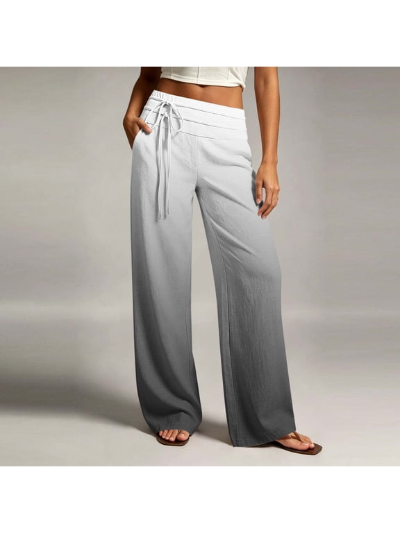 Linen Wide Leg Pants for Women Gradient Flowy Palazzo Pant Flattering Lightweight Summer Vacation Lounge Bottoms with Pockets Black,S