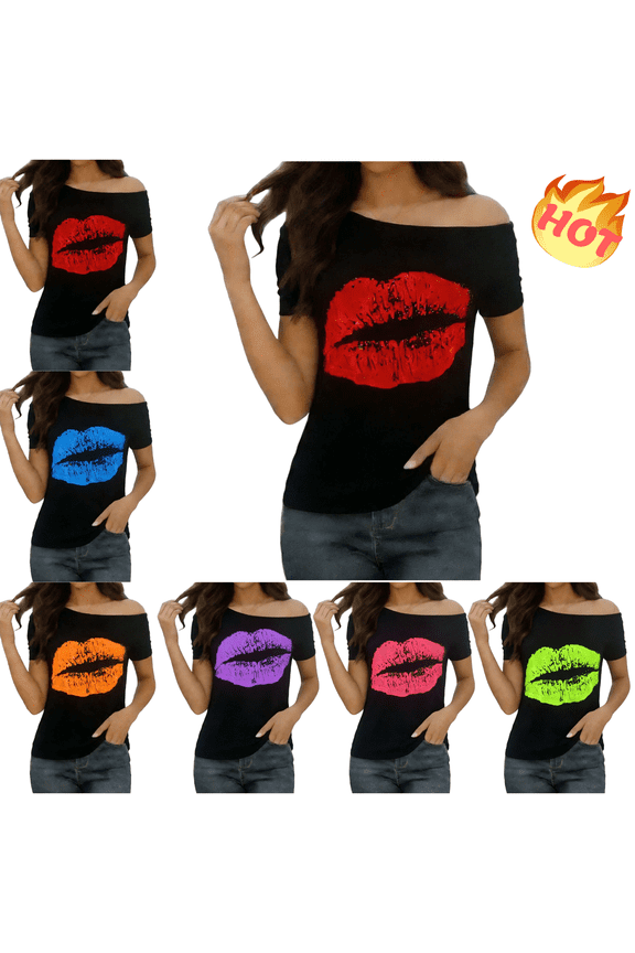 Lips Print Off Shoulder T-Shirt Women Short Sleeve Summer Tops Loose Casual Blouses Trendy Going Out Street Basic Tee M