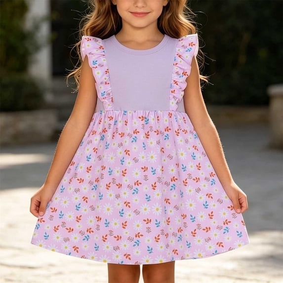 Mifsaly Little Girl Dresses Crewneck Flutter Sleeve Summer Dress Floral Print Patchwork Flowy Everyday Wear Sweet Sundress