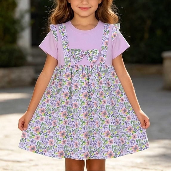 Mifsaly Little Girl Dresses Crewneck Flutter Sleeve Summer Dress Floral Print Patchwork Flowy Everyday Wear Sweet Sundress
