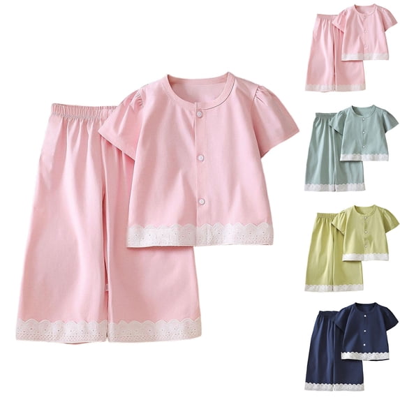 Mifsaly Little Girls 2 Piece Outfits Kids Toddler Cotton Pajama Sets Button Down Short Sleeve Tops and Wide Leg Pants Soft Breathable Cute Casual Summer Clothes