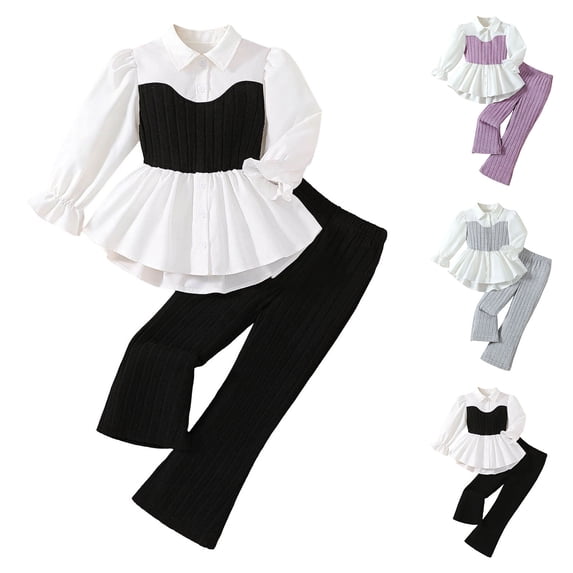 Mifsaly Little Girls 2 Piece Outfits Set Long Sleeve Button Down Peplum Shirt Tops and Ribbed Flare Pants Kids Fall Spring Clothes for School Daily Wear Fashion Boutique Suit