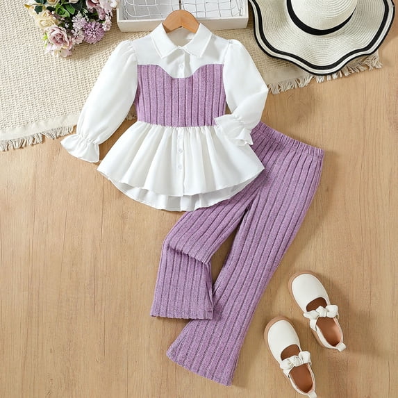 Mifsaly Little Girls 2 Piece Outfits Set Long Sleeve Button Down Peplum Shirt Tops and Ribbed Flare Pants Kids Fall Spring Clothes for School Daily Wear Fashion Boutique Suit