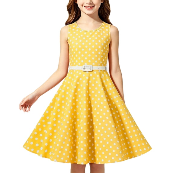 Mifsaly Little Girls Sleeveless Dress Polka Dot Vintage A Line Dresses Elegant Wedding Birthday Party Summer Casual Gowns with Matching Belt