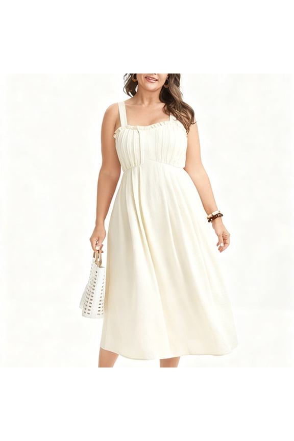 Long Flowy Linen Dress Women Square Neck A Line Midi Sleeveless Dresses Ruched Bust Adjustable Straps Vacation Sundress Lightweight Elegant Wedding Guest Party Gowns XL