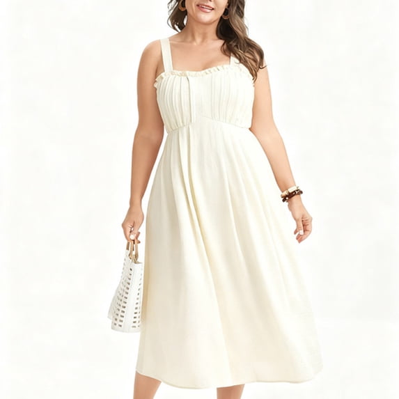 Mifsaly Long Flowy Linen Dress Women Square Neck A Line Midi Sleeveless Dresses Ruched Bust Adjustable Straps Vacation Sundress Lightweight Elegant Wedding Guest Party Gowns M