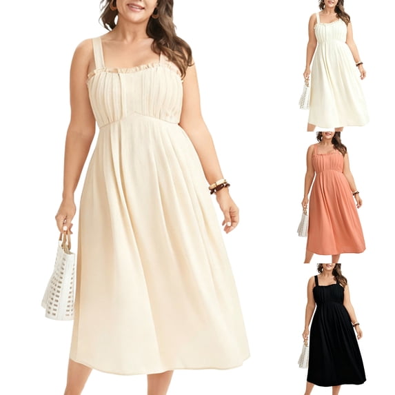 Mifsaly Long Flowy Linen Dress Women Square Neck A Line Midi Sleeveless Dresses Ruched Bust Adjustable Straps Vacation Sundress Lightweight Elegant Wedding Guest Party Gowns XL