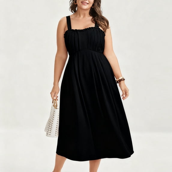 Mifsaly Long Flowy Linen Dress Women Square Neck A Line Midi Sleeveless Dresses Ruched Bust Adjustable Straps Vacation Sundress Lightweight Elegant Wedding Guest Party Gowns XXXL