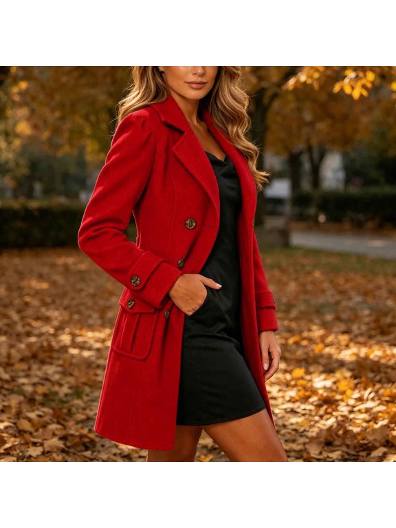 Long Pea Coat for Women Double Breasted Notch Lapel Long Sleeve Tailored Winter Jacket Elegant Mid Length Outerwear for Office Work Travel Red,S