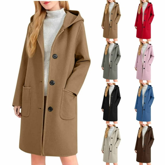 Mifsaly Long Pea Coats for Women with Hood Single Breasted Trench Coat Soild Color Casual Warm Winter Outerwear with Pockets 2025 Fashion Streetwear Fit Work Travel