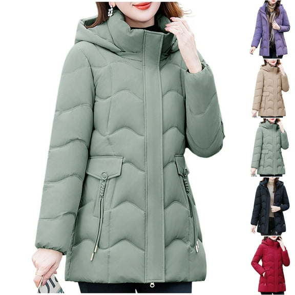 Mifsaly Long Quilted Jackets for Women Zip up Long Sleeve Thicken Warm Padded Coat Hooded Tunic Long Sleeve Thermal Winter Outfits Button Down Fashion Outdoor Outfits with Pockets